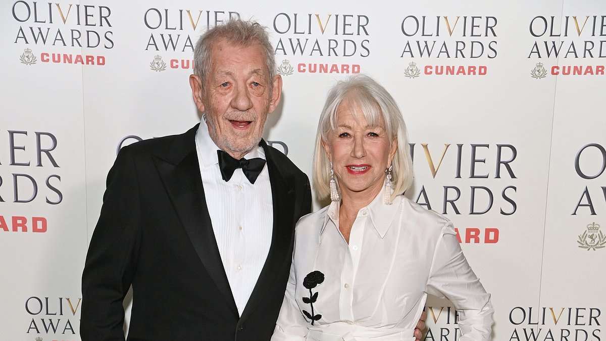 Dame Helen Mirren, 80, is the epitome of chic in a white floral co-ord as she reunites with fellow acting icon Sir Ian McKellen, 86, at the Olivier Awards