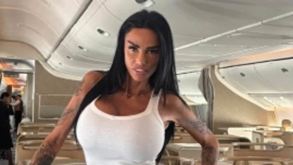 Katie Price brags she has the whole cabin to herself while flying to war-torn Dubai to reunite with husband Lee Andrews