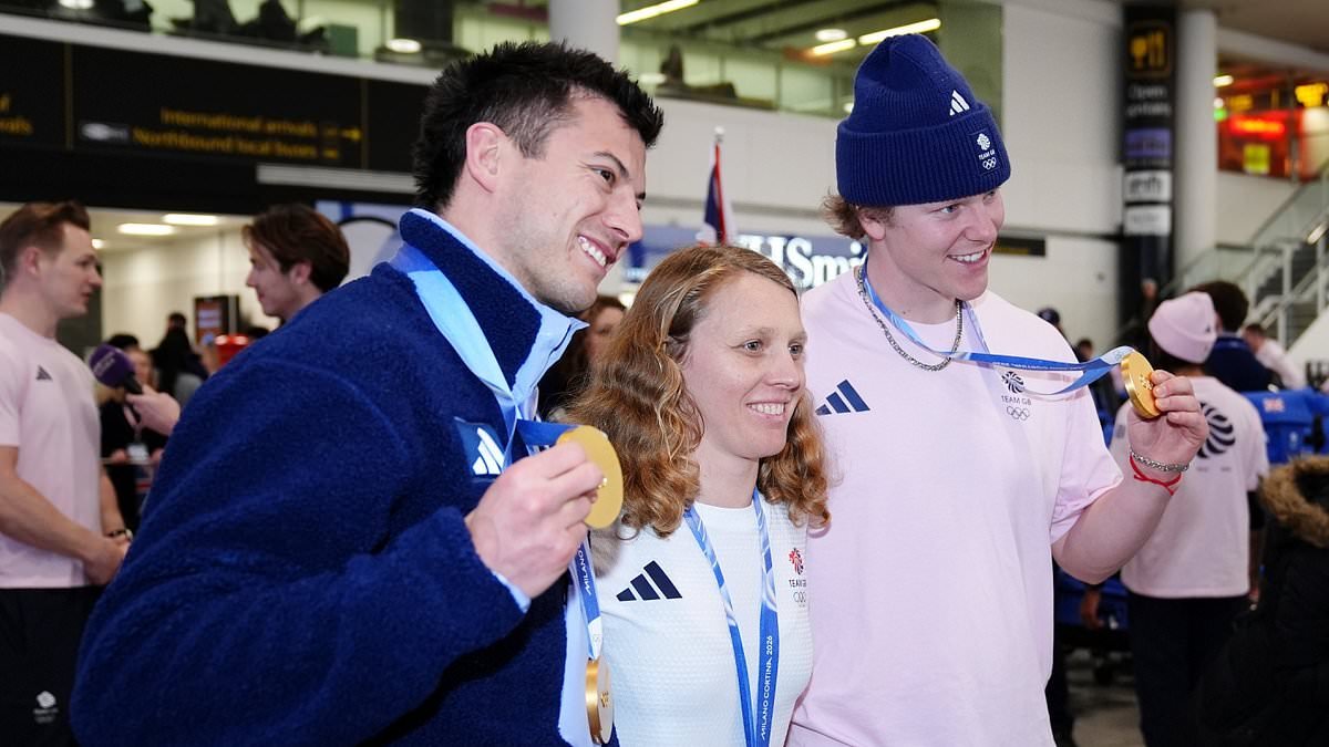 Team GB Winter Olympics stars receive heroes' welcome on return from Italy - as double gold medallist Matt Weston reunites with fiancee