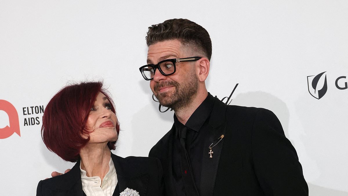 Sharon Osbourne smiles with her son Jack as he makes his first public appearance since welcoming new born daughter at the Elton John AIDS Foundation Academy Awards