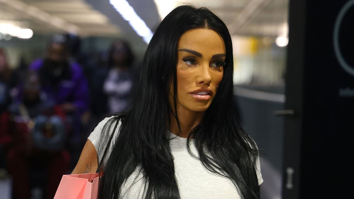 Katie Price finally returns to the UK to face her family - but her husband Lee Andrews remains in Dubai following 'travel ban' despite insisting he was joining her
