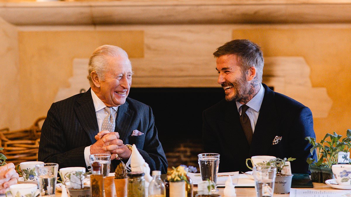 Bonded with Beckham: King Charles hosts ex-England captain and Alan Titchmarsh to talk horticulture and honey at Highgrove as they plot Chelsea garden