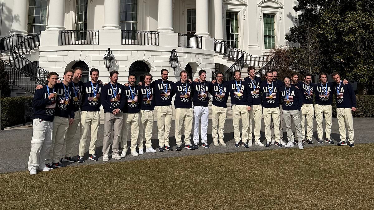 Donald Trump welcomes Team USA men's hockey heroes into the Oval Office for gold medal celebration... after women's team turned down offer