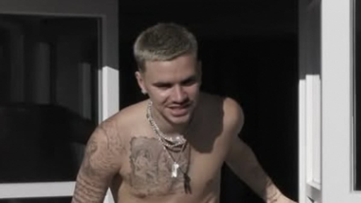Romeo Beckham showcases his toned and tattooed physique as he poses shirtless - following THAT bold swipe at 'hater' Brooklyn