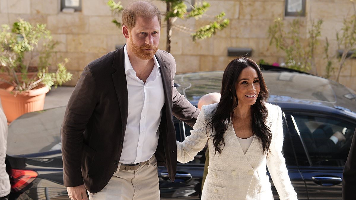 Harry and Meghan are trying to 'create disconnect from darker side of royalty' with Duchess copying Diana's signature pose during visit to Syrian refugees in quasi-royal tour of Jordan, body language expert says