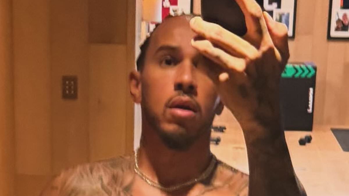Lewis Hamilton takes selfie tips from Kim Kardashian as he shows off his six-pack while posing shirtless for a sizzling snap as their 'intense' romance heats up