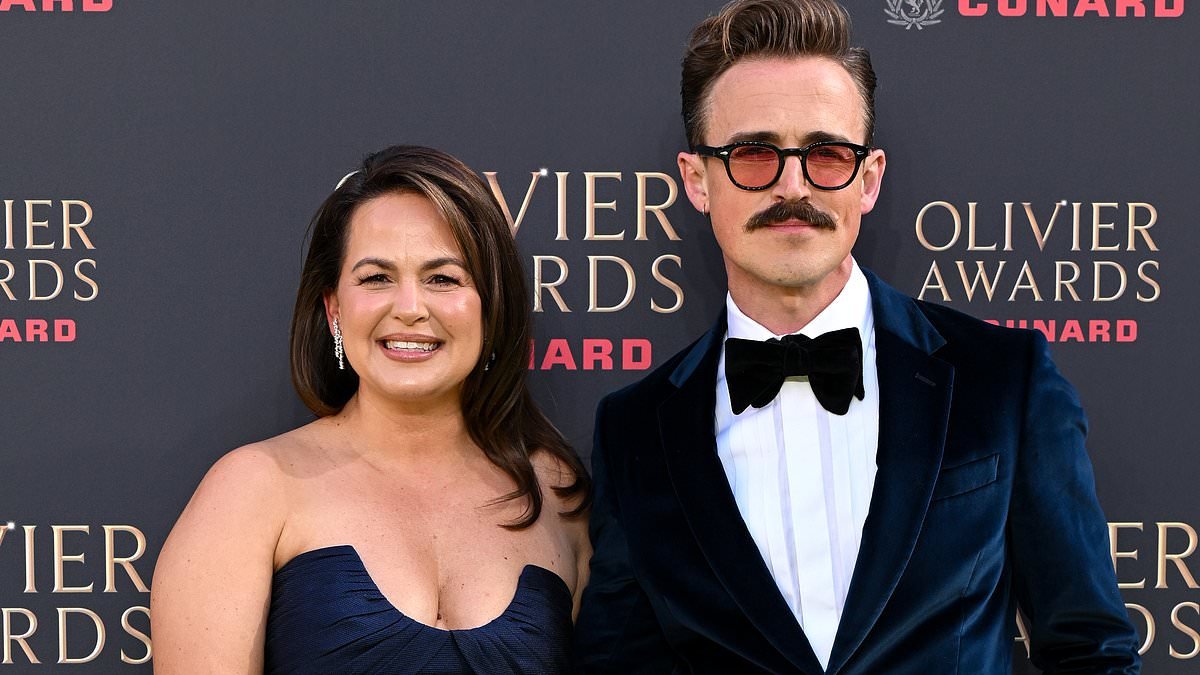 Tom Fletcher shows off his suave new look as he arrives at the Olivier Awards with wife Giovanna - after his West End smash Paddington lands 11 nominations