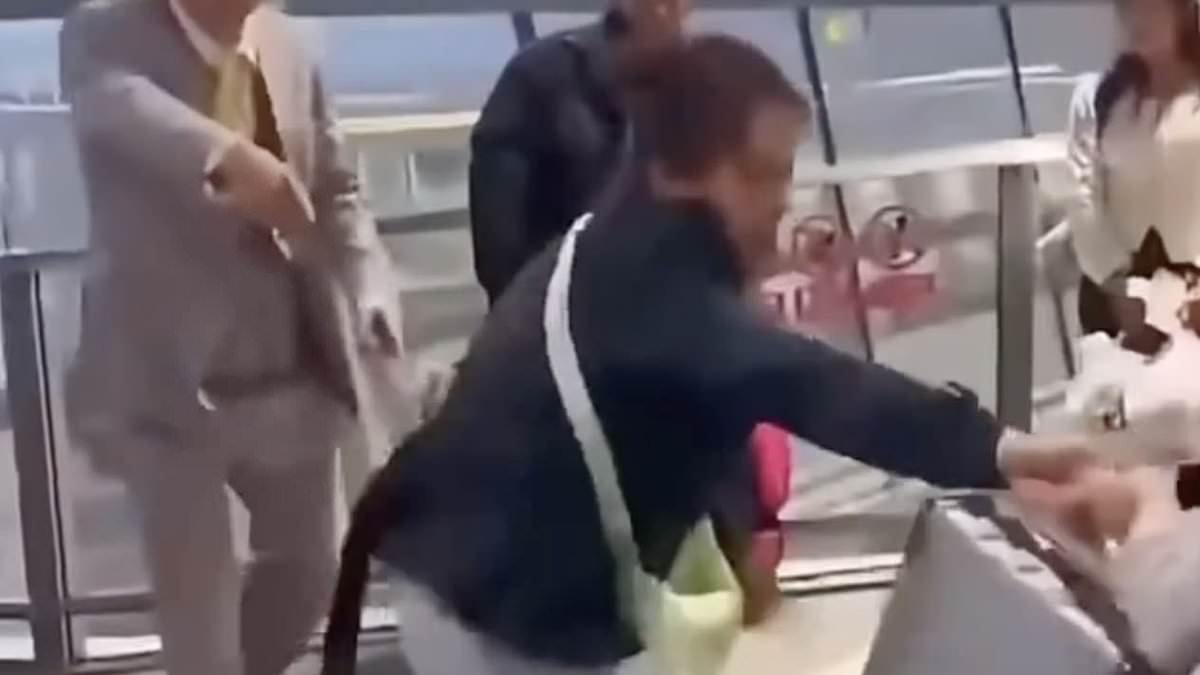 Terrifying moment family assaults staff as mum plays dead on floor after refusing to pay airport baggage fee
