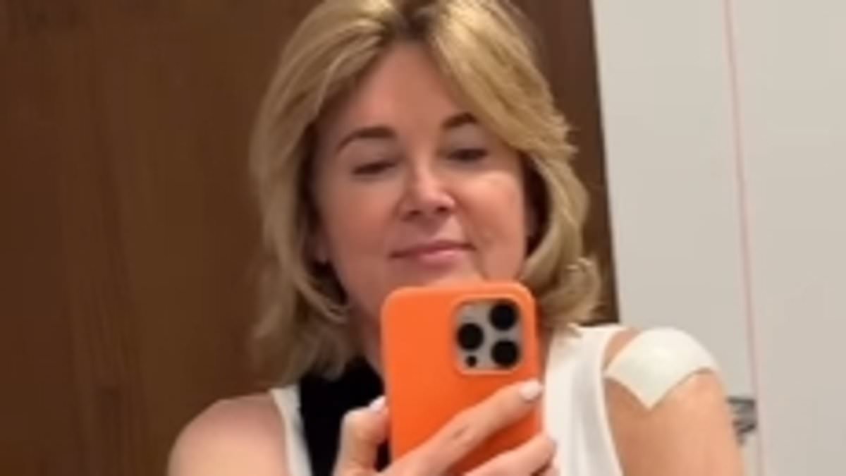 Anthea Turner says she's in 'pain' and forced to wear a sling after suffering a 'nightmare' injury as she recovers at home with 'a party bag of killer drugs'