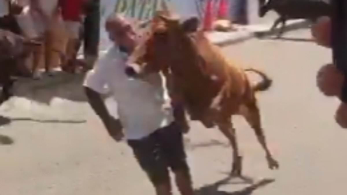 Moment raging bull smashes reveller in the head sending him flying - with victim somehow surviving sickening blow during Peruvian festival