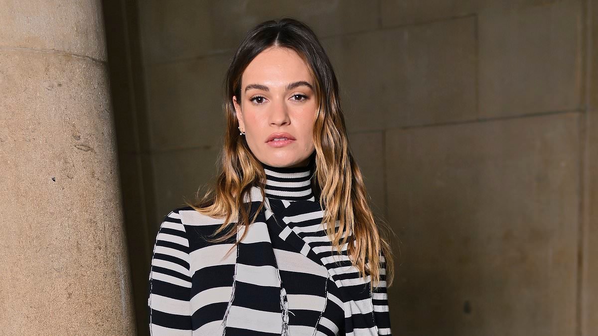 Lily James is the epitome of chic in a figure-hugging striped dress as she joins Keira Knightley, Bel Powley and Dame Helen Mirren at star-studded Erdem show amid LFW