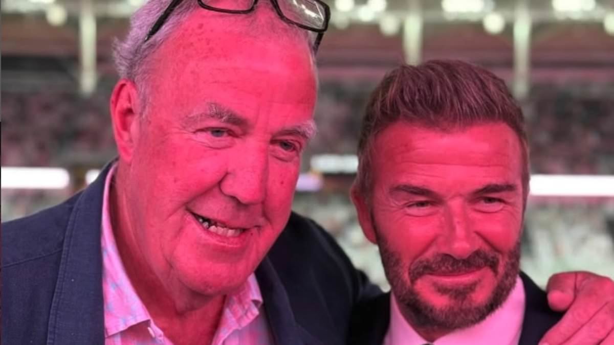 David Beckham surprises unlikely pal Jeremy Clarkson with a lavish cake as they celebrate his 66th birthday together in Miami