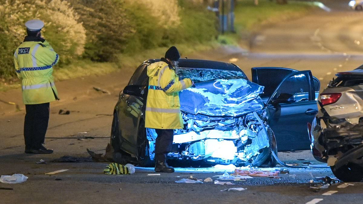 Girl, nine, killed and two other children injured in two-car crash - as men aged 22 and 23 are arrested over 'drug-driving'