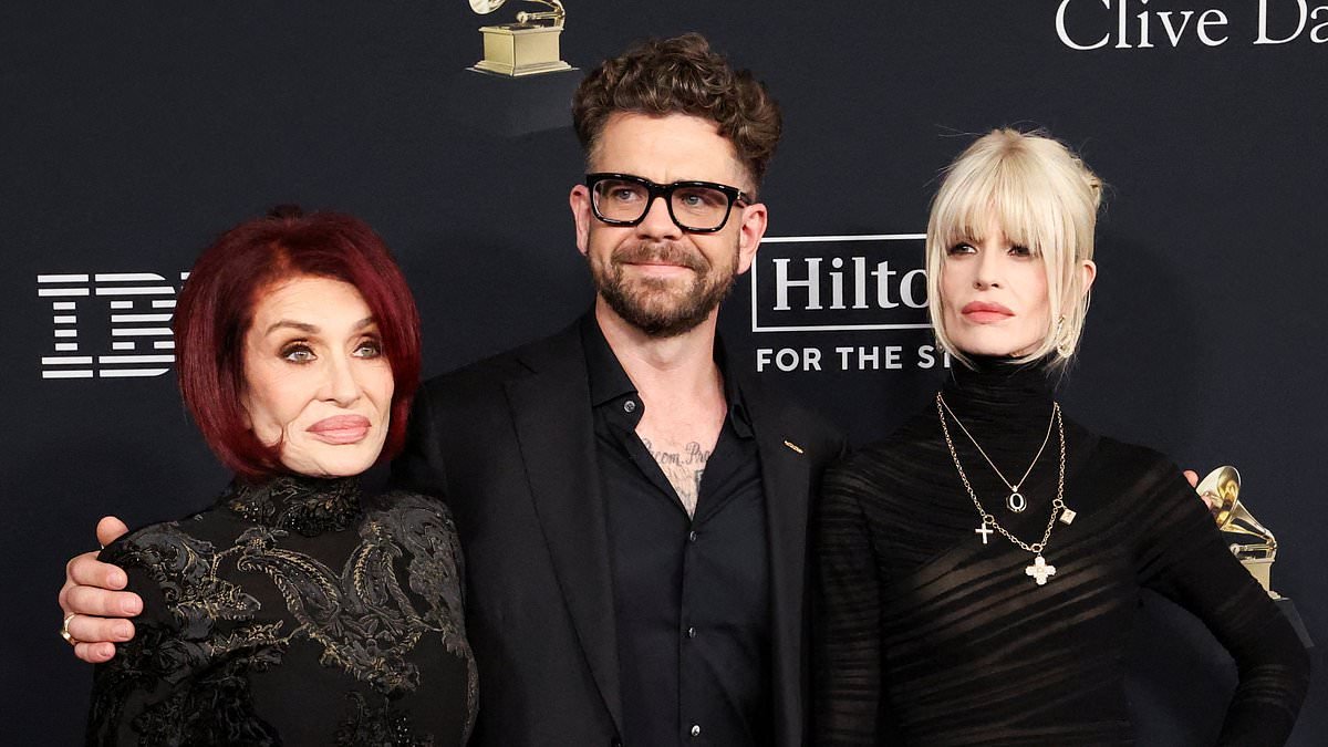 Sharon Osbourne is supported by her children Kelly and Jack at pre-Grammy gala six months on from husband Ozzy's death ahead of tribute to the rocker at the ceremony