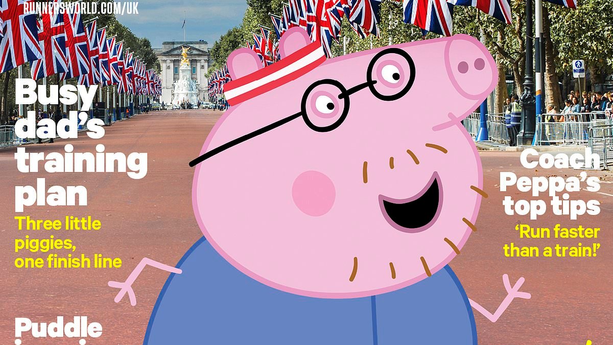 Daddy Pig follows in the footsteps of Harry Styles and Sir Mo Farah as he lands the cover of Runner's World magazine before Peppa cheers him on at the London Marathon