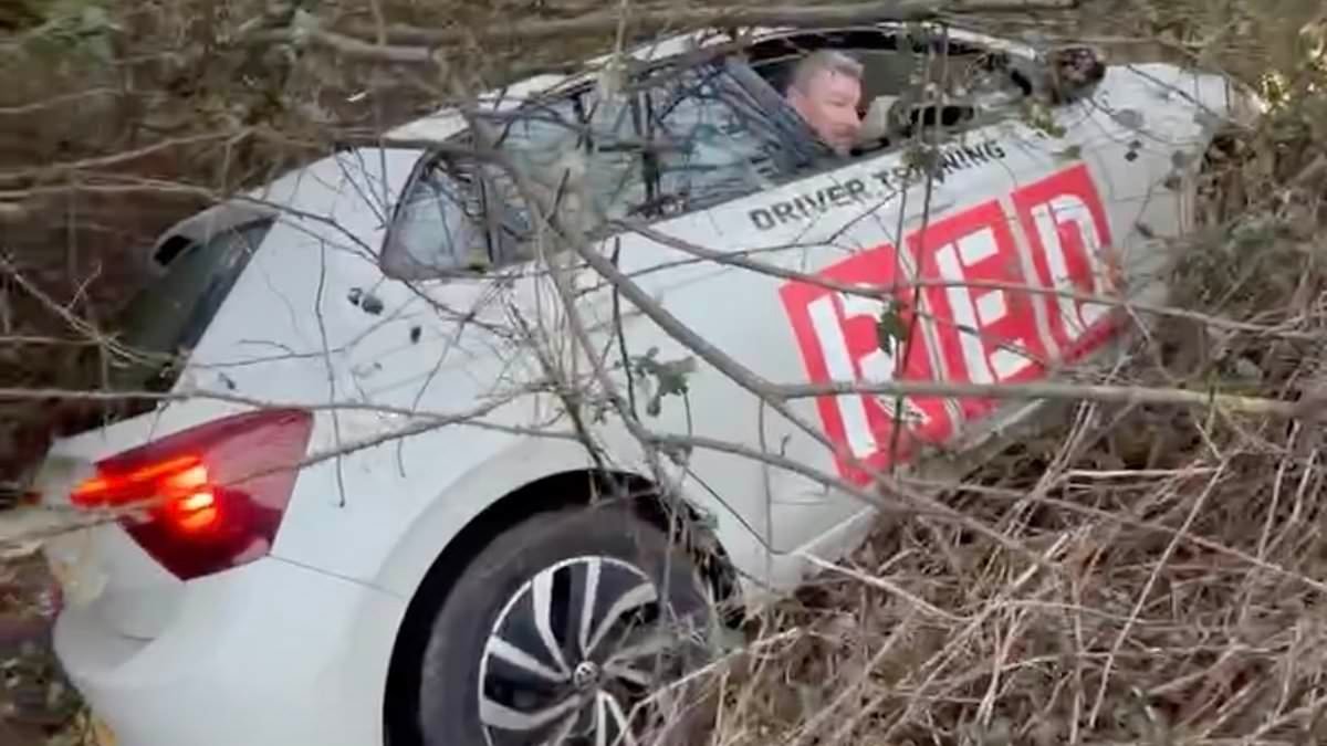 Moment drunken driving instructor is rumbled at the wheel of his test car - after police find him crashed into bushes in the middle of a ditch