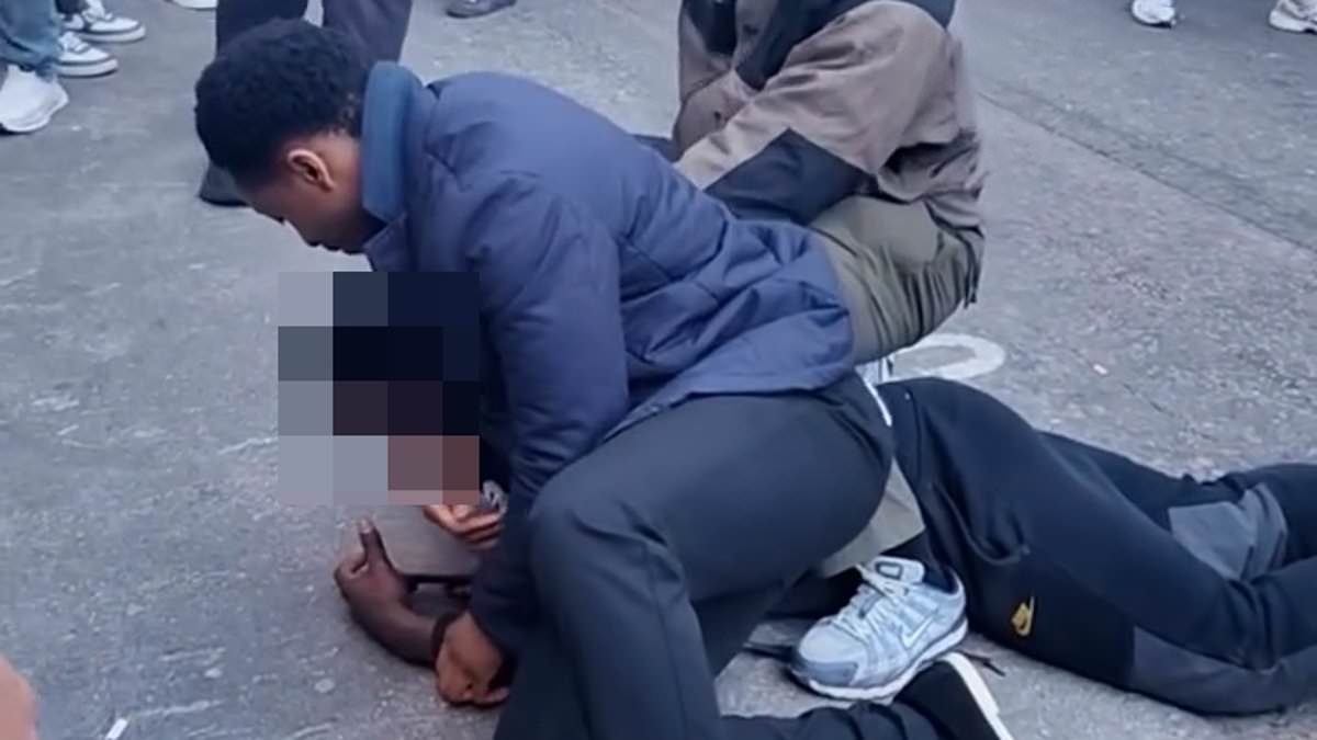Moment teenage 'shoplifter' is pinned to the road in Mayfair by security guards seconds after 'stealing shoes from nearby shop'