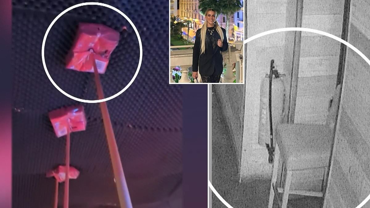 CCTV from Swiss inferno nightclub shows chair wedged against emergency exit where three victims were trapped and staff using pool cues to prop up insulation foam - as owners blame young staff