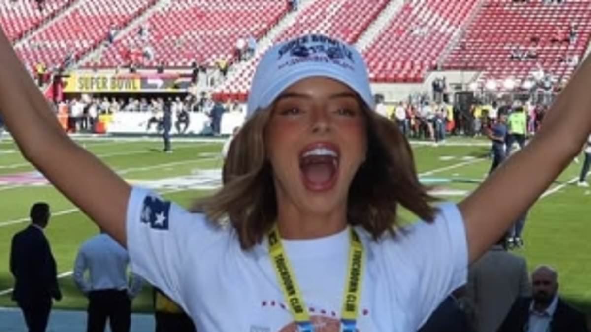 Maura Higgins fangirls over a very bemused Kevin Costner after running into him at the Super Bowl