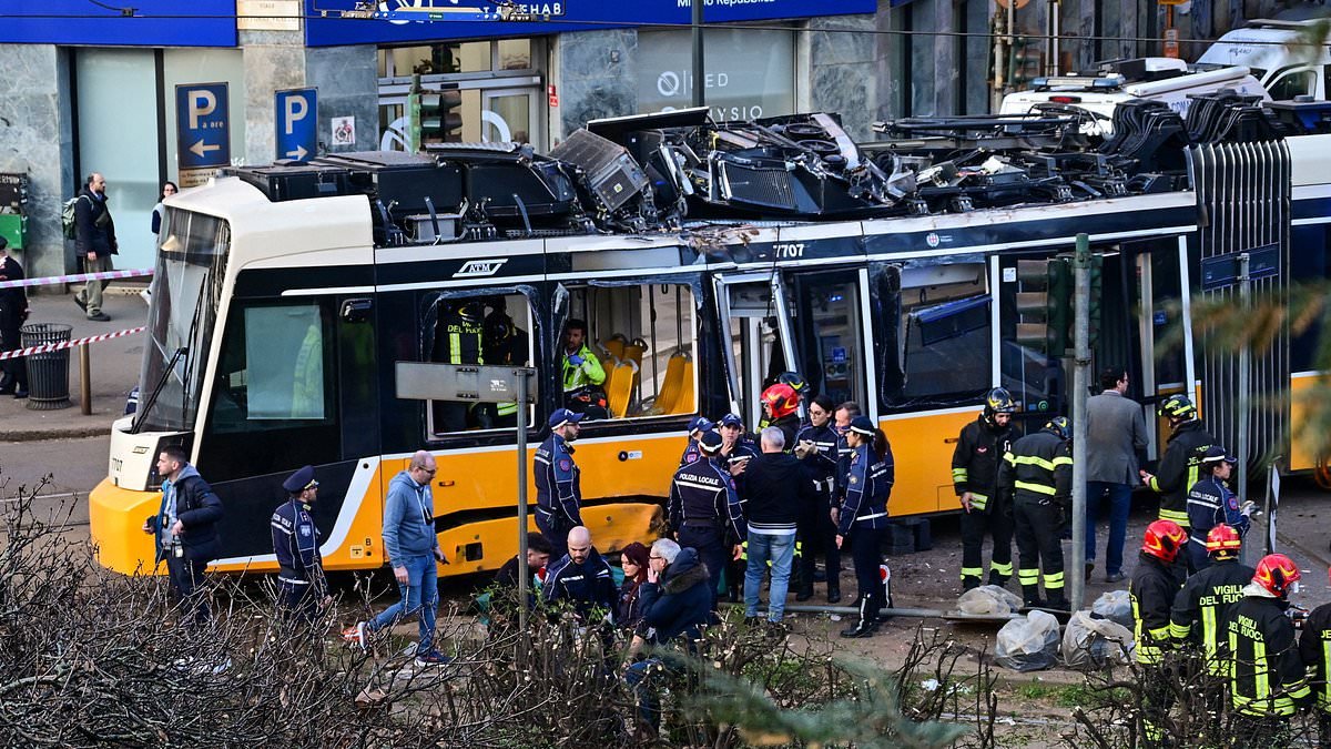 At least one dead and dozens injured as tram derails and crashes into building in Milan