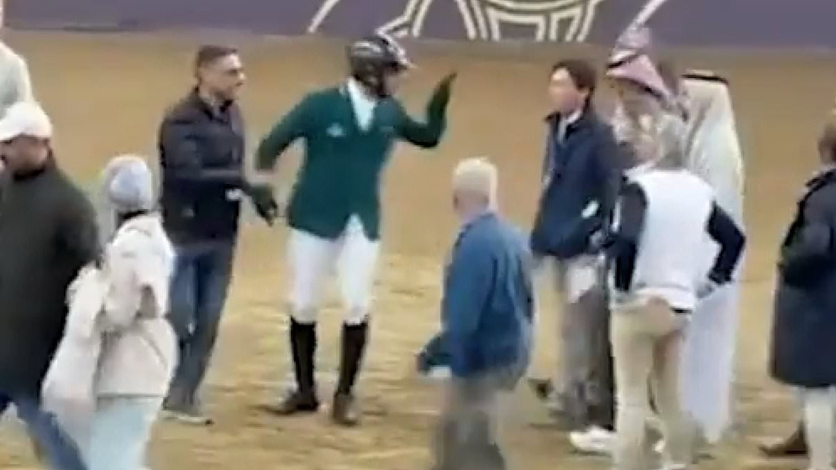 Apple heiress Eve Jobs' Team GB Olympic showjumper husband leaps off his horse for furious row with stable worker at Qatar competition