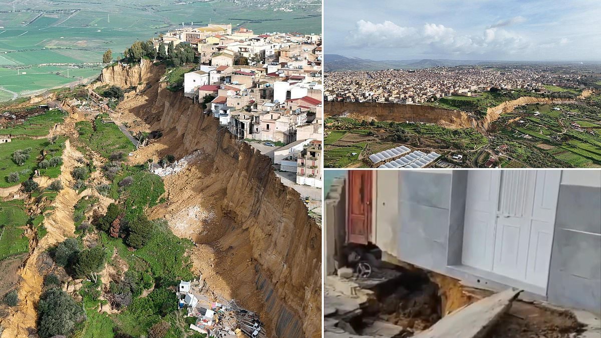 Hundreds evacuated as 2.5-mile long landslide hits Sicilian town leaving houses and cars perched on cliff edge after brutal storm