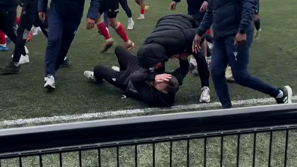 Moment football manager 'goes down like a sack of spuds' after being 'headbutted' by opposition boss during staggering brawl in non-league match
