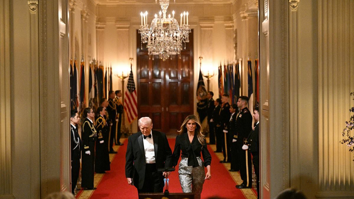 Melania Trump stuns in silver pants as she arrives at controversial Governor's Dinner with husband Donald as dozens of leaders boycott after president's turbulent week