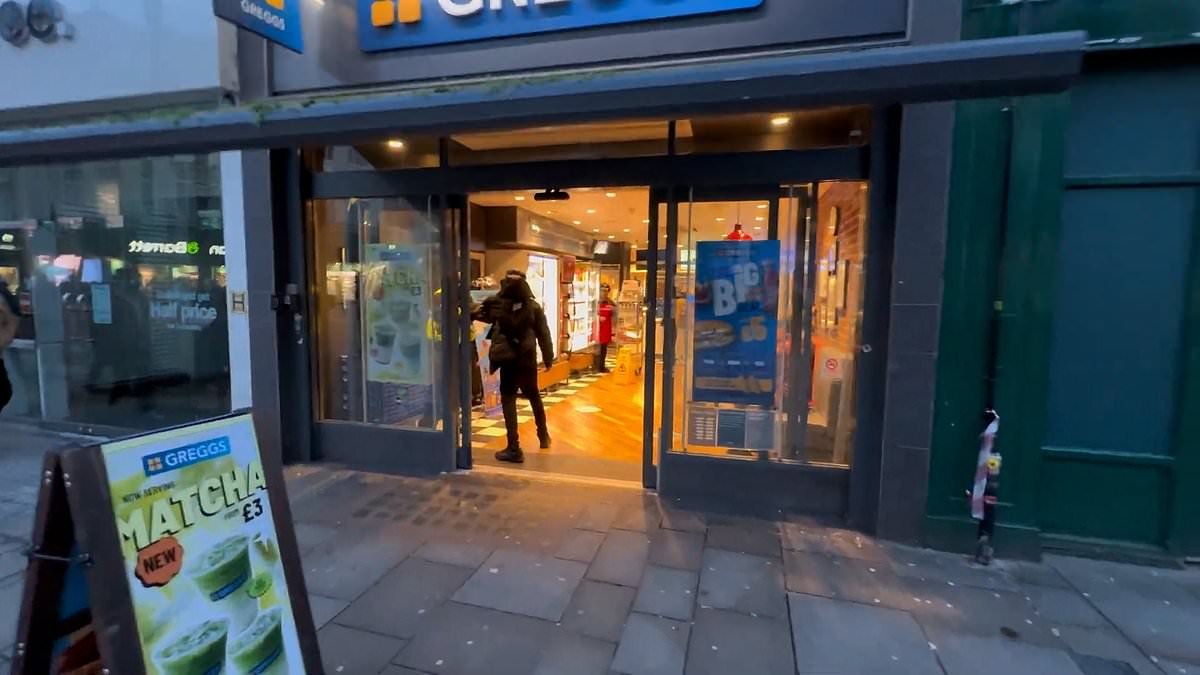 Moment security guard outside GREGGS is battered by pastry-stealing thug