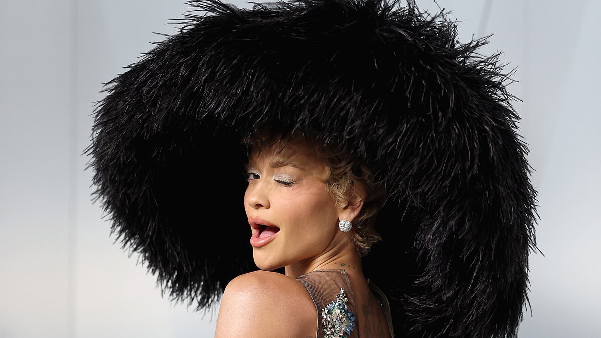 Rita Ora is forced to take off her giant feather hat inside Oscars party to chat with Kris Jenner and Chris Evans after her eye-catching arrival in racy sheer gown and fashion forward headpiece