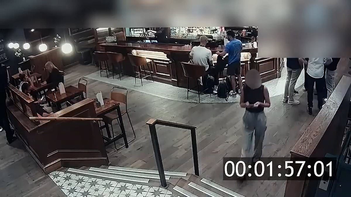 Moment two brazen thieves calmly go through pubgoers' bags as they stand chatting nearby