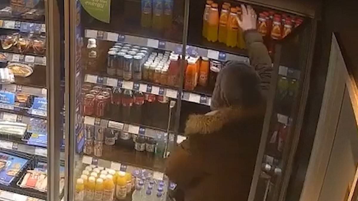 Moment serial Greggs thief staff nicknamed the 'Hamster' brazenly swipes drinks in front of staff - as he is spared jail despite 38 thefts