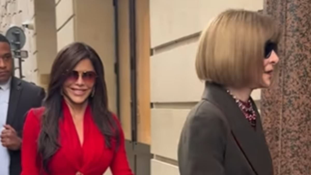 Lauren Sanchez is in Vogue as she cosies up to Anna Wintour at Schiaparelli show in Paris amid rumours husband Jeff is buying the fashion bible - but is mocked for wearing a 'Shein red suit' 