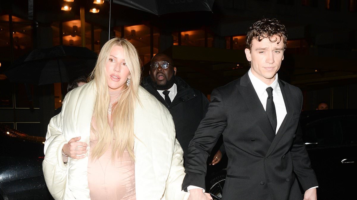 Pregnant Ellie Goulding wraps up in a huge duvet coat as she and boyfriend Beau Minniear lead the star-studded exits from BAFTA Invest In Talent Gala