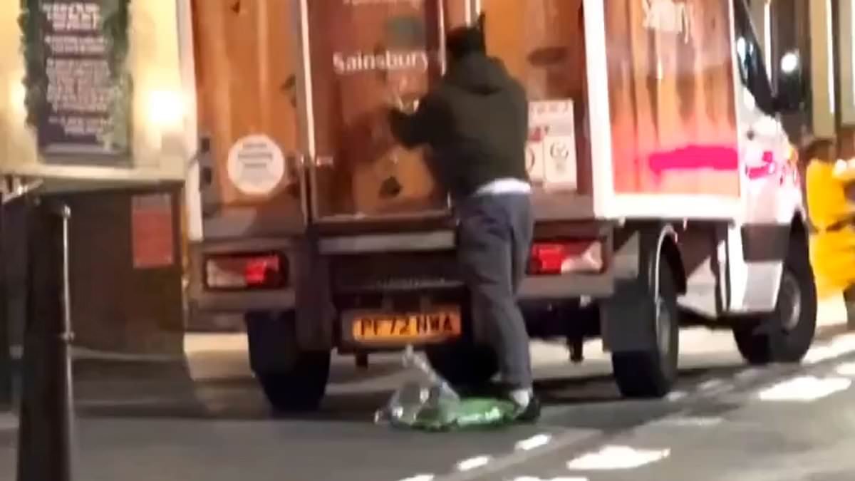 Moment 'thief' takes food from unmanned Sainsbury's delivery van before 'fleeing' on a bicycle