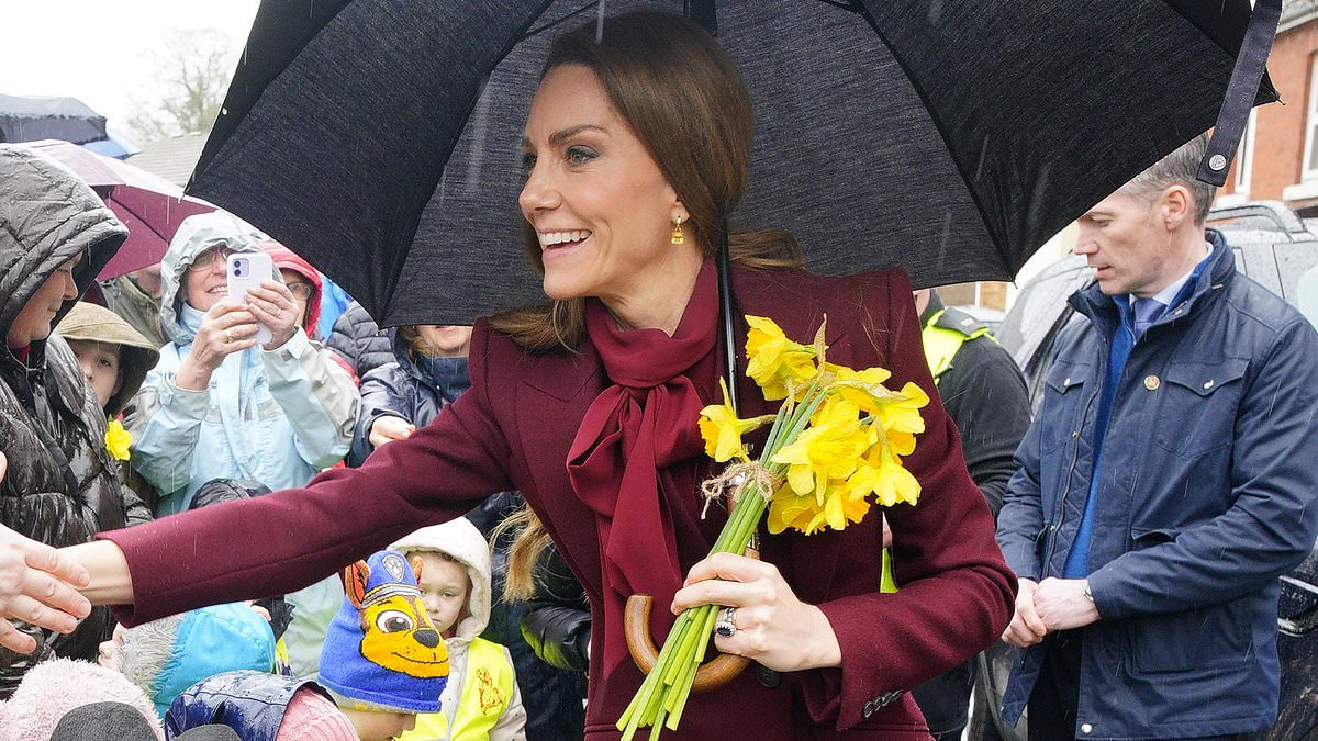 William and Kate are showered with daffodils as crowds brave the rain to see them on visit to Wales ahead of St David's Day