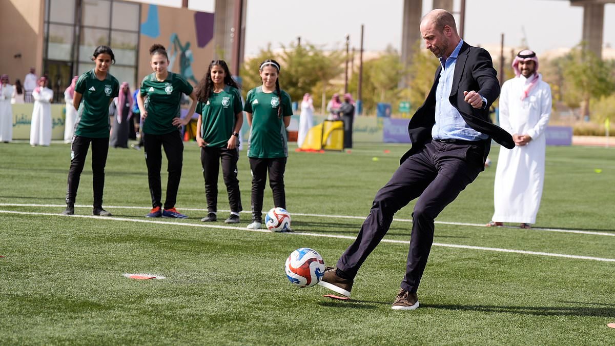 Prince William shows off his impressive football skills and chats to female players after giving MBS a signed Harry Kane shirt during three day tour of Saudi Arabia