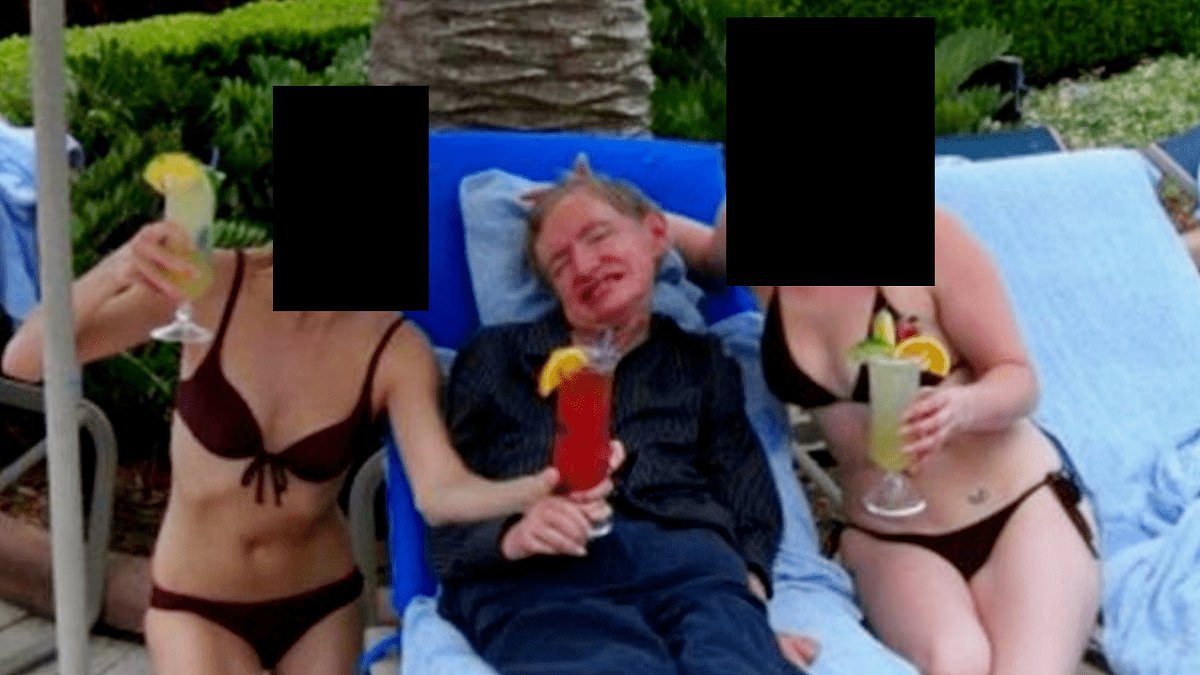 Professor Stephen Hawking seen grinning from ear-to-ear sandwiched between two bikini-clad women in latest jaw-dropping Epstein files photo