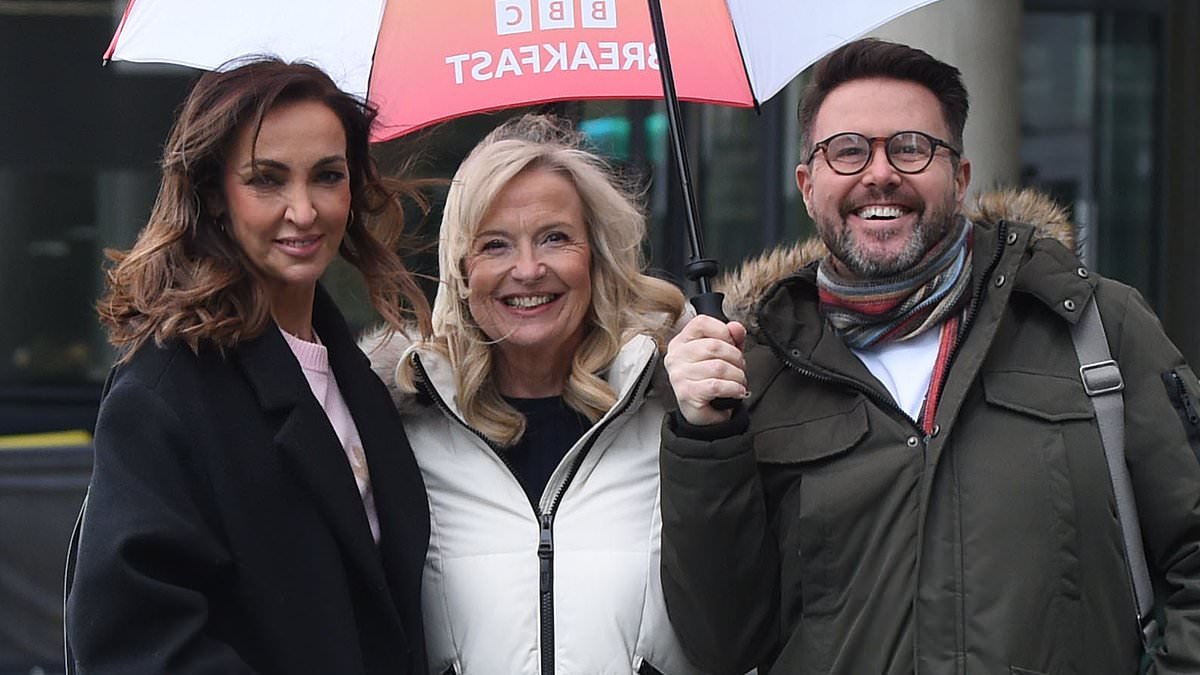 Carol Kirkwood departs BBC studios with Sally Nugent and Jon Kay after tearful announcing on live TV she will be leaving the corporation