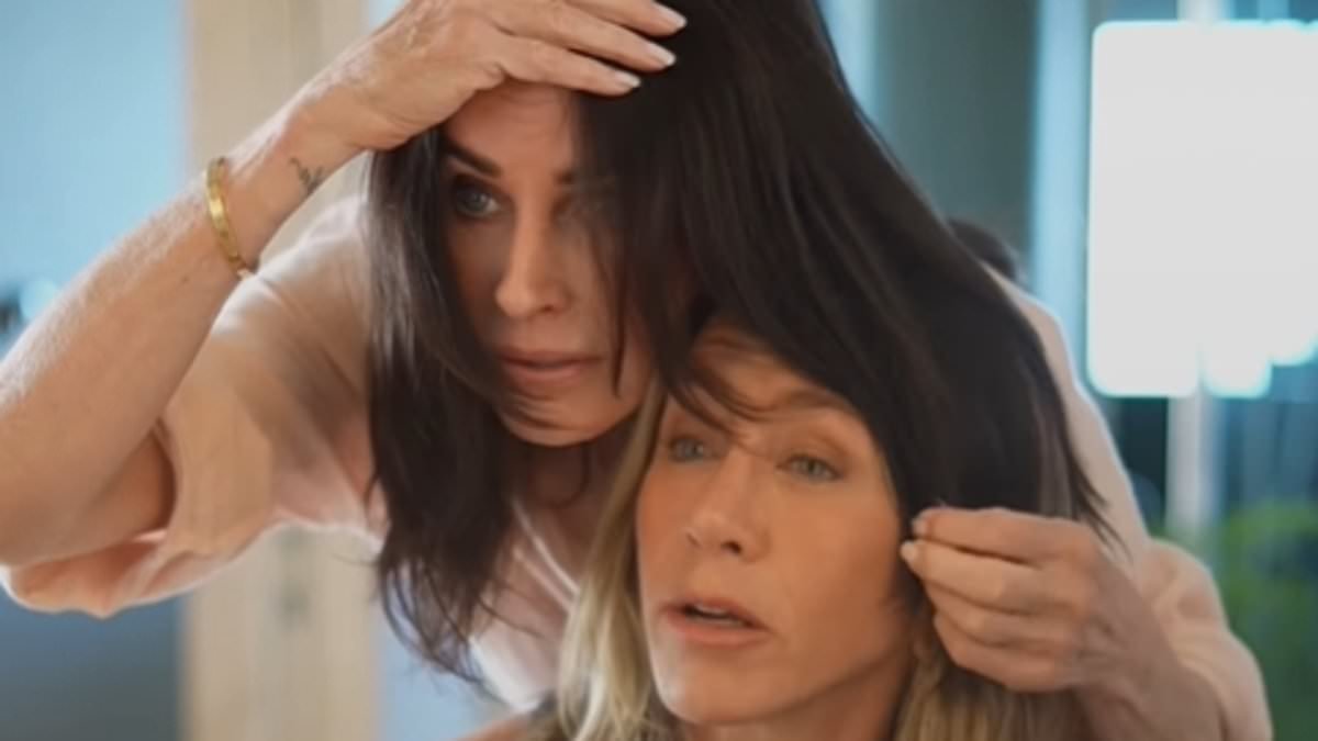 Jennifer Aniston and Courteney Cox send fans into meltdown as the former Friends co-stars reunite to debate whether blondes have more fun in a funny video