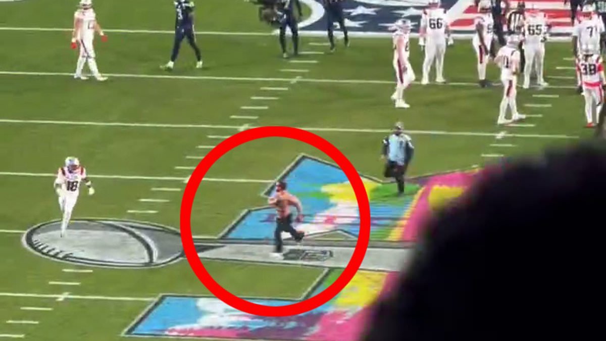 Wild moment ripped Super Bowl streaker is tackled by a Patriots player on the field... before security pile in