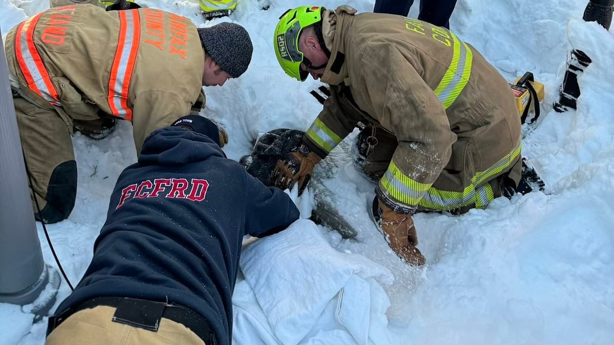 Little boy falls down deep drain while digging hole in snow