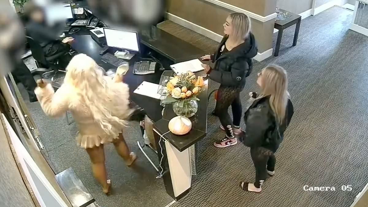 Shocking moment three drunk women smash up a hotel lobby - and spit at the terrified receptionist