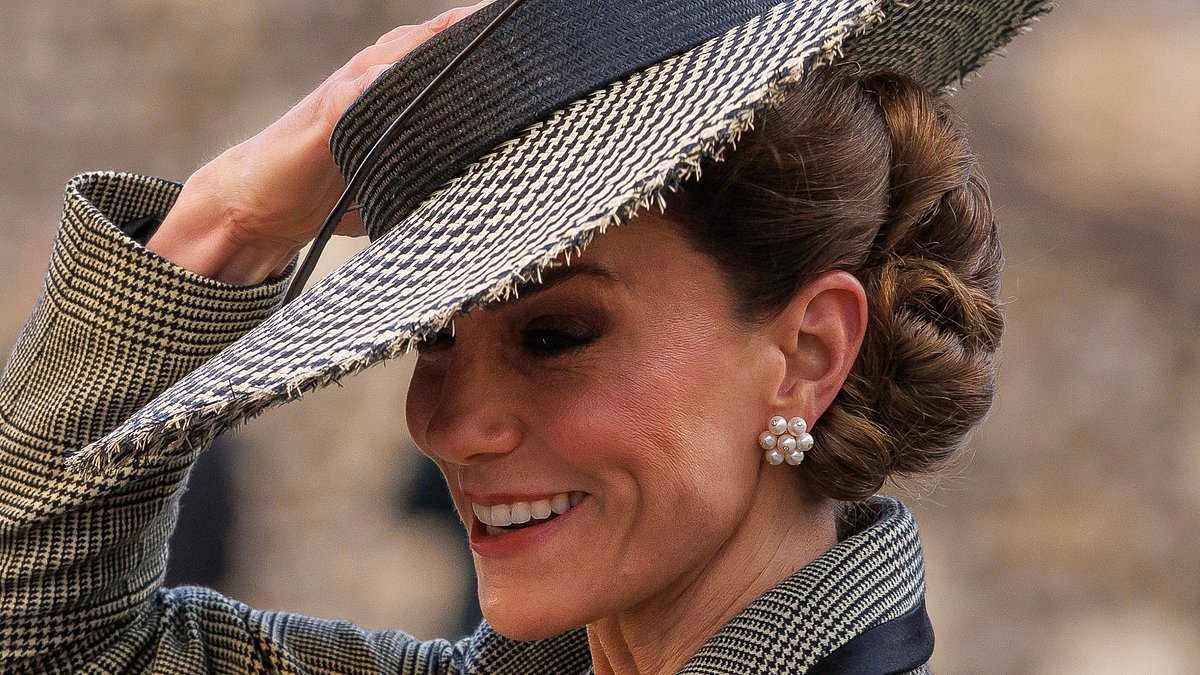 Kate's hat-trick! Princess of Wales tightly grips her £690 boater at windswept Kent - as she enters her 'Melania era' with huge headgear