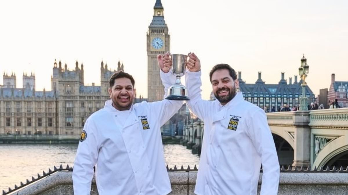 Britain's first non-white best fish and chip takeaway winners - who proudly fly the St George's flag