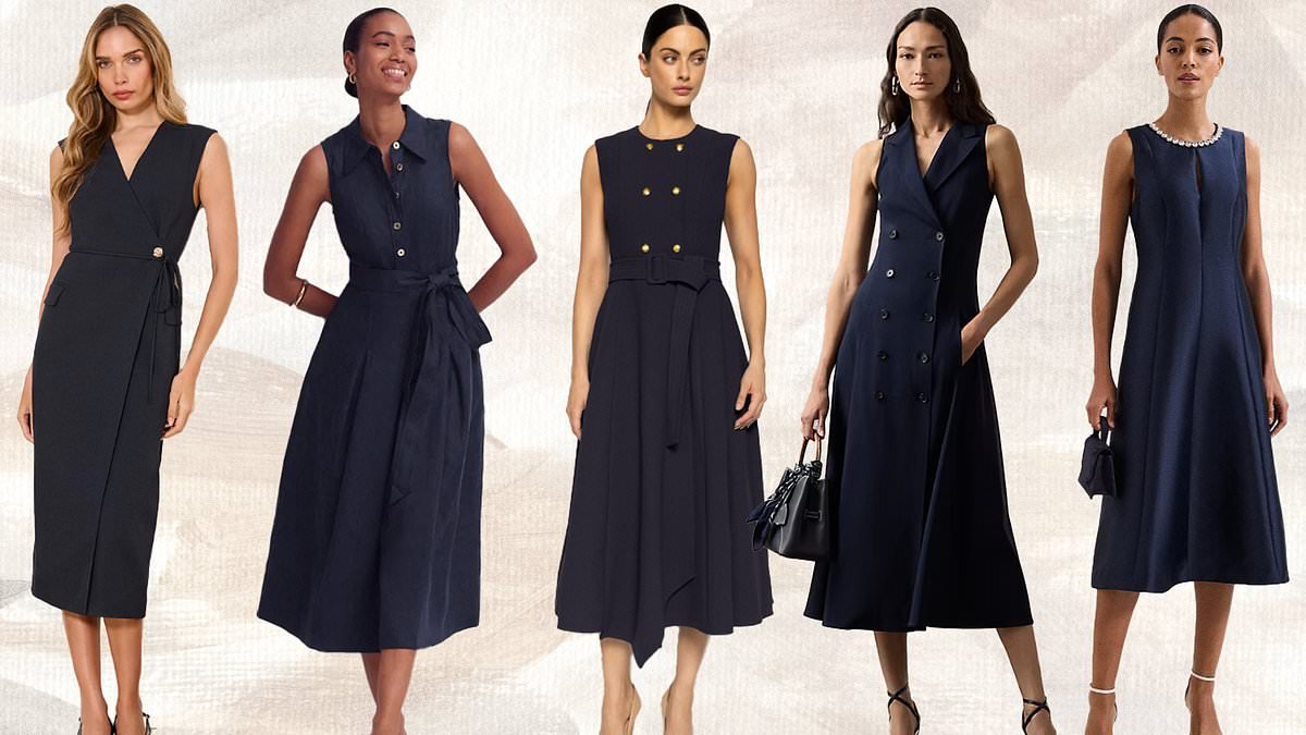 Meghan Markle returns to 'royal tradition' in elegant navy dress as she arrives in Australia with Prince Harry - her exact Karen Gee look is still in stock, but there are Karen Millen and Boden lookalikes too