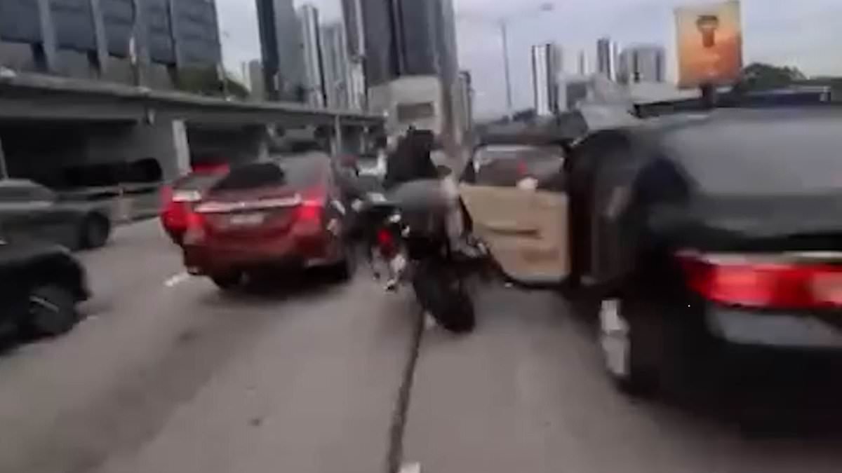 Shocking moment motorcyclist is run over by fellow biker when toddler opens car door just as he rides past, sending him flying