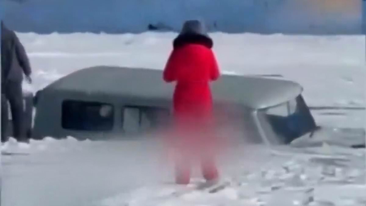 Moment tourist minibus sinks in the world's deepest lake killing seven after crashing through the frozen ice