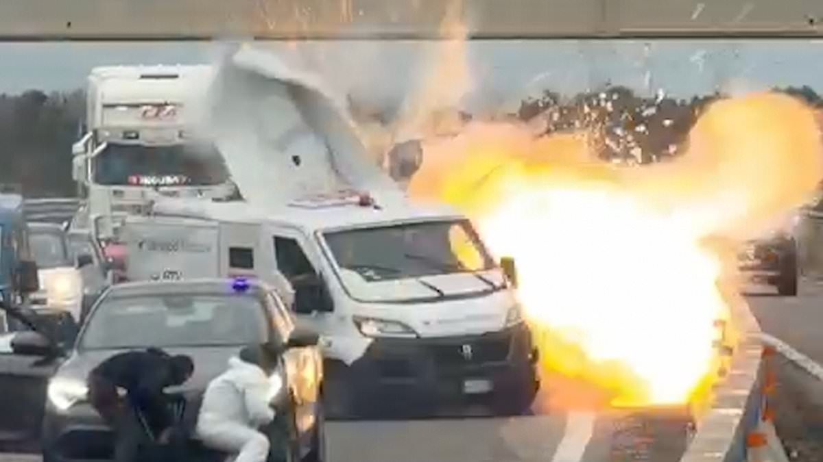Heavily-armed robbers block Italian highway and blow up armoured van before firefight with police and car chase