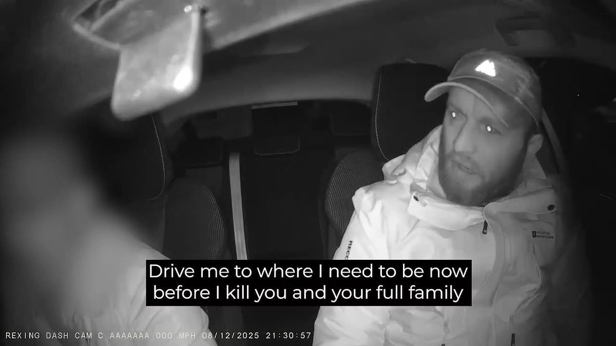 Moment thug attacks and racially abuses taxi driver before threatening to kill his family as he's jailed